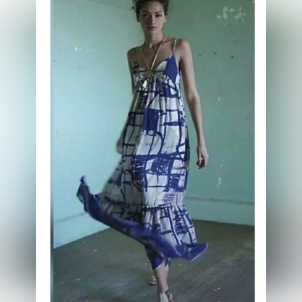 Anthropologie Isabella Sinclair Blue & Cream Abstract Tiered Maxi Dress Size 6